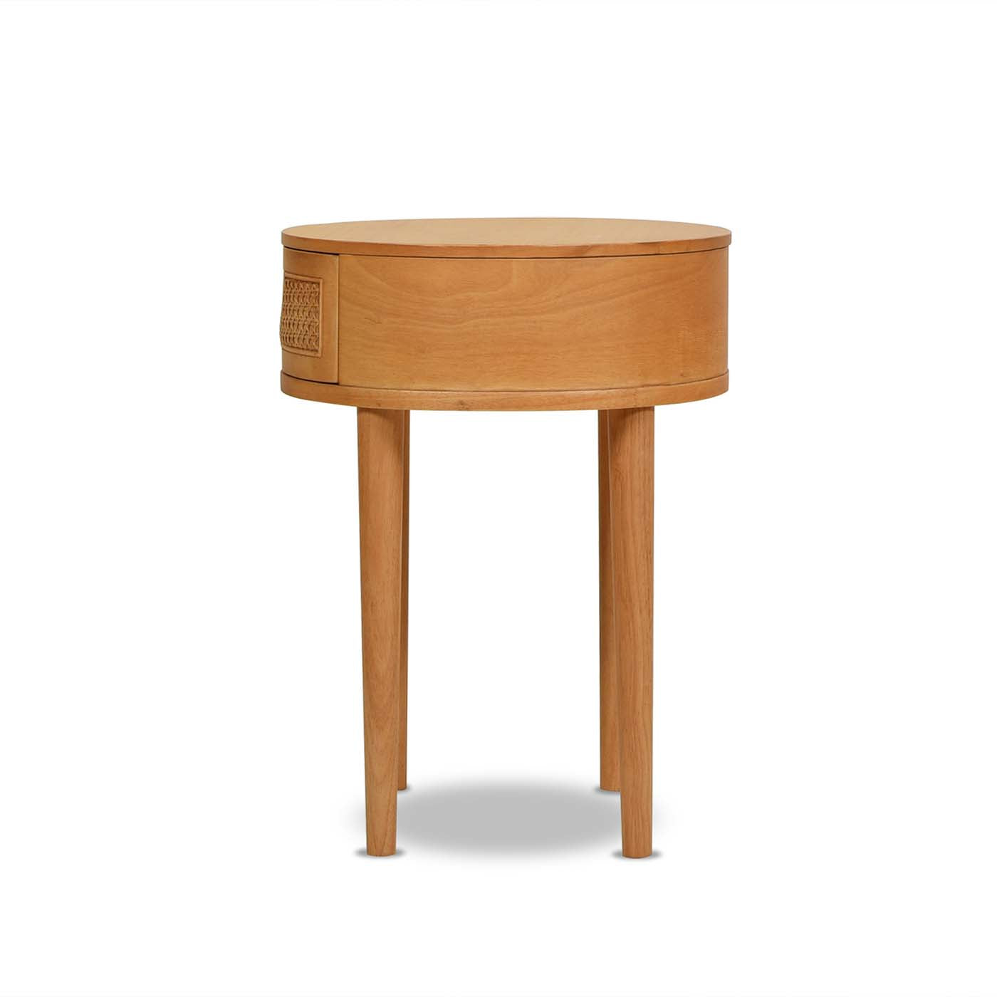 Light oak wood bedside table with round top and woven drawer detail