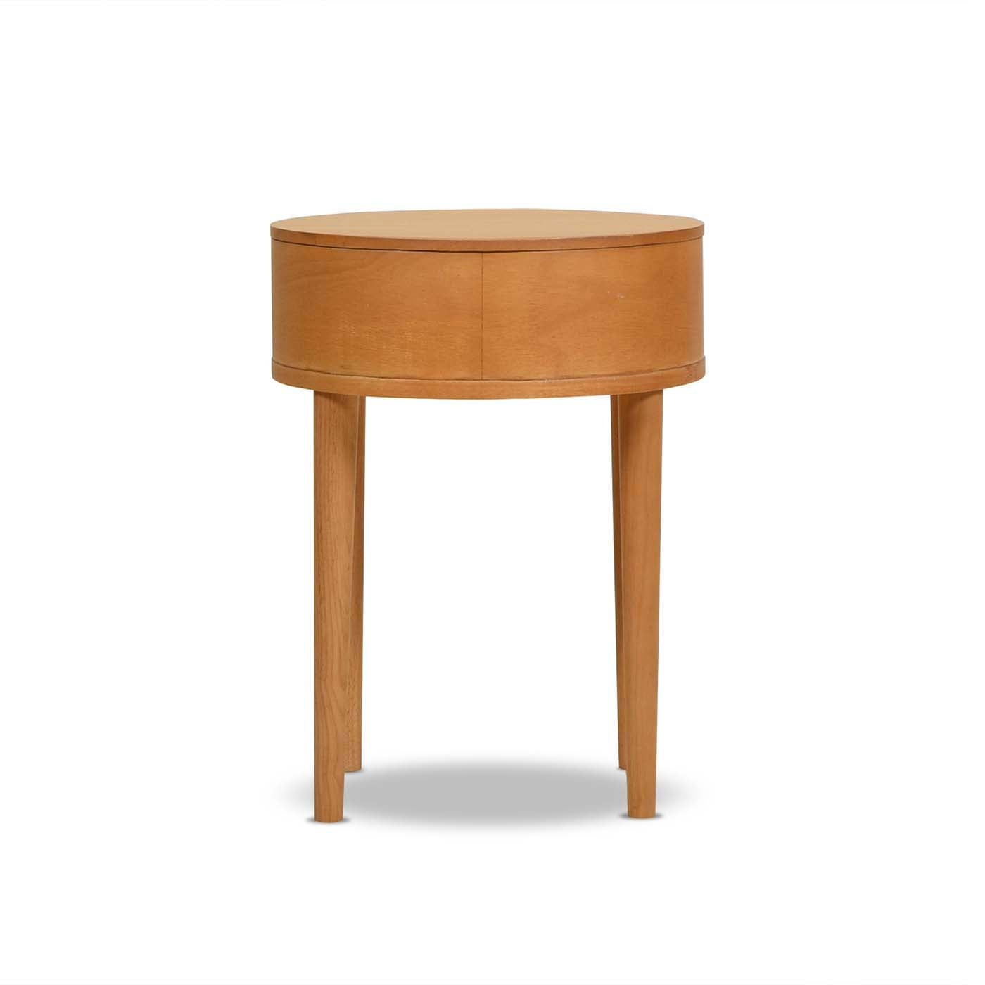 Round oak bedside table with a curved drawer front and tapered legs