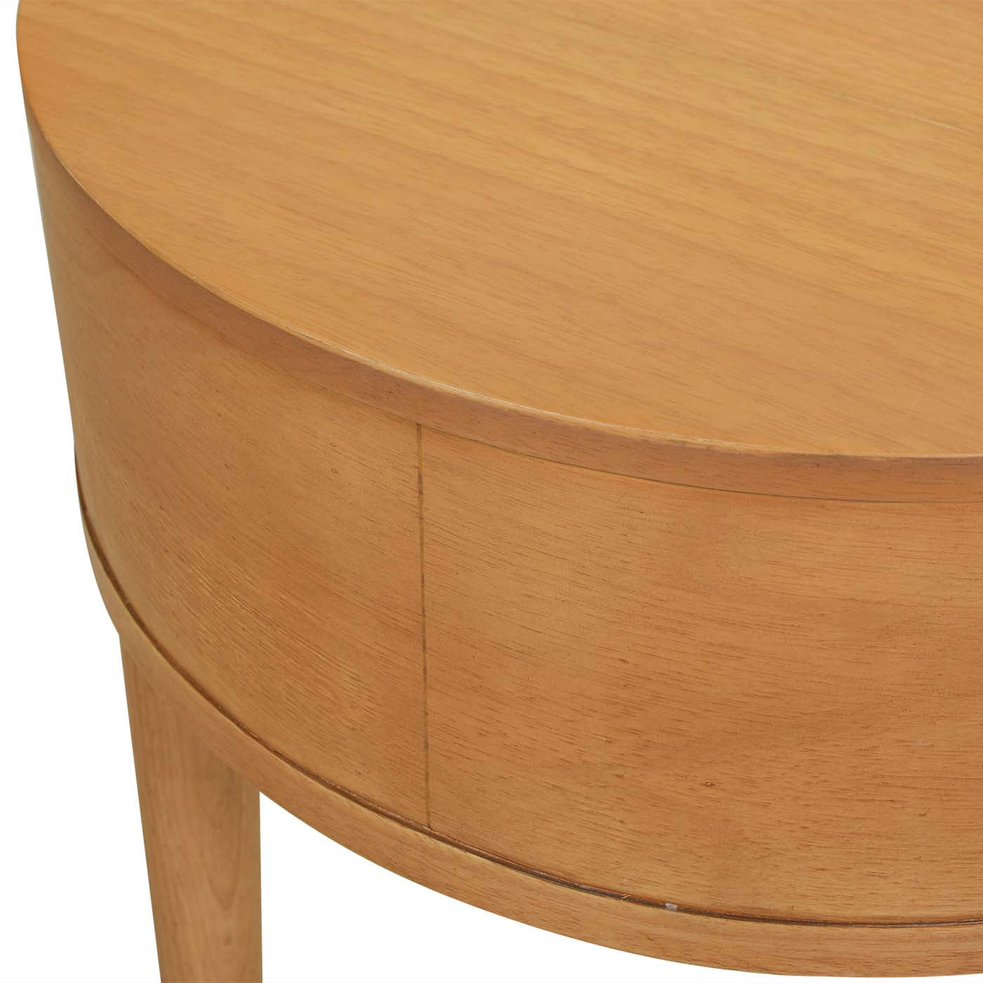 Light oak round side table with curved edge natural wood finish