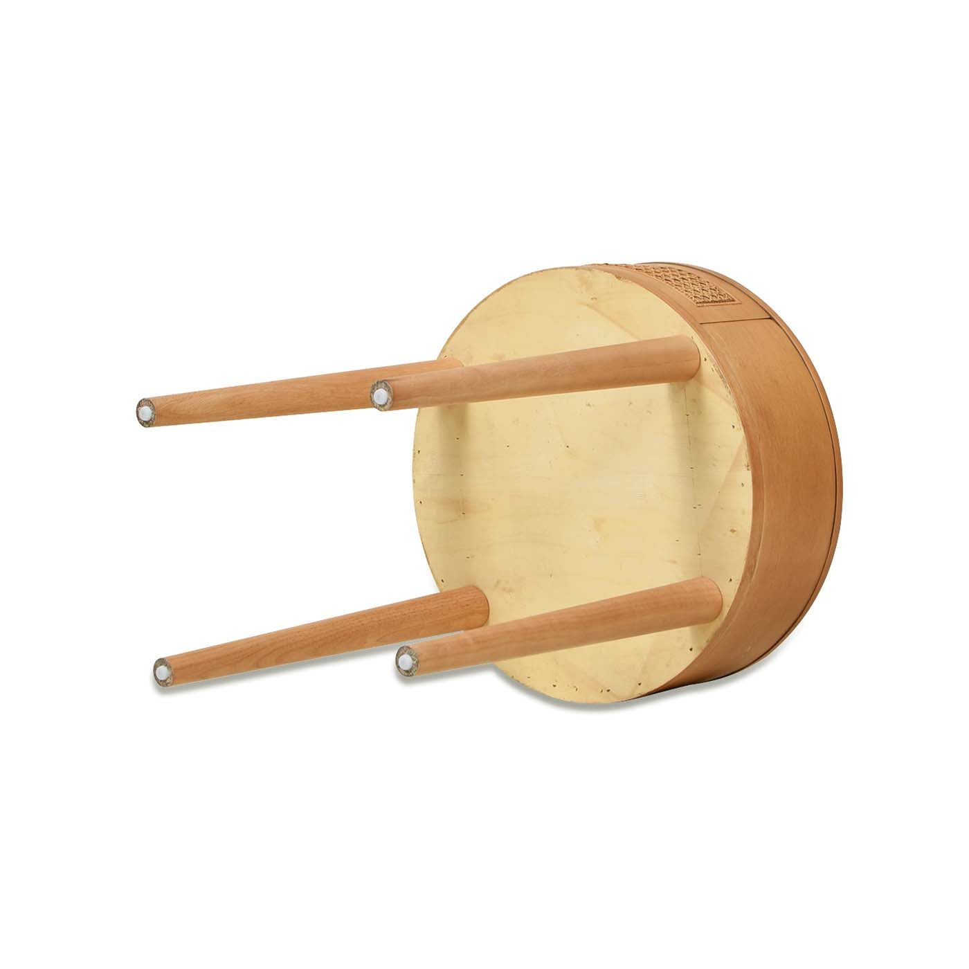 Round wood stool with tapered legs showcasing natural wood grain