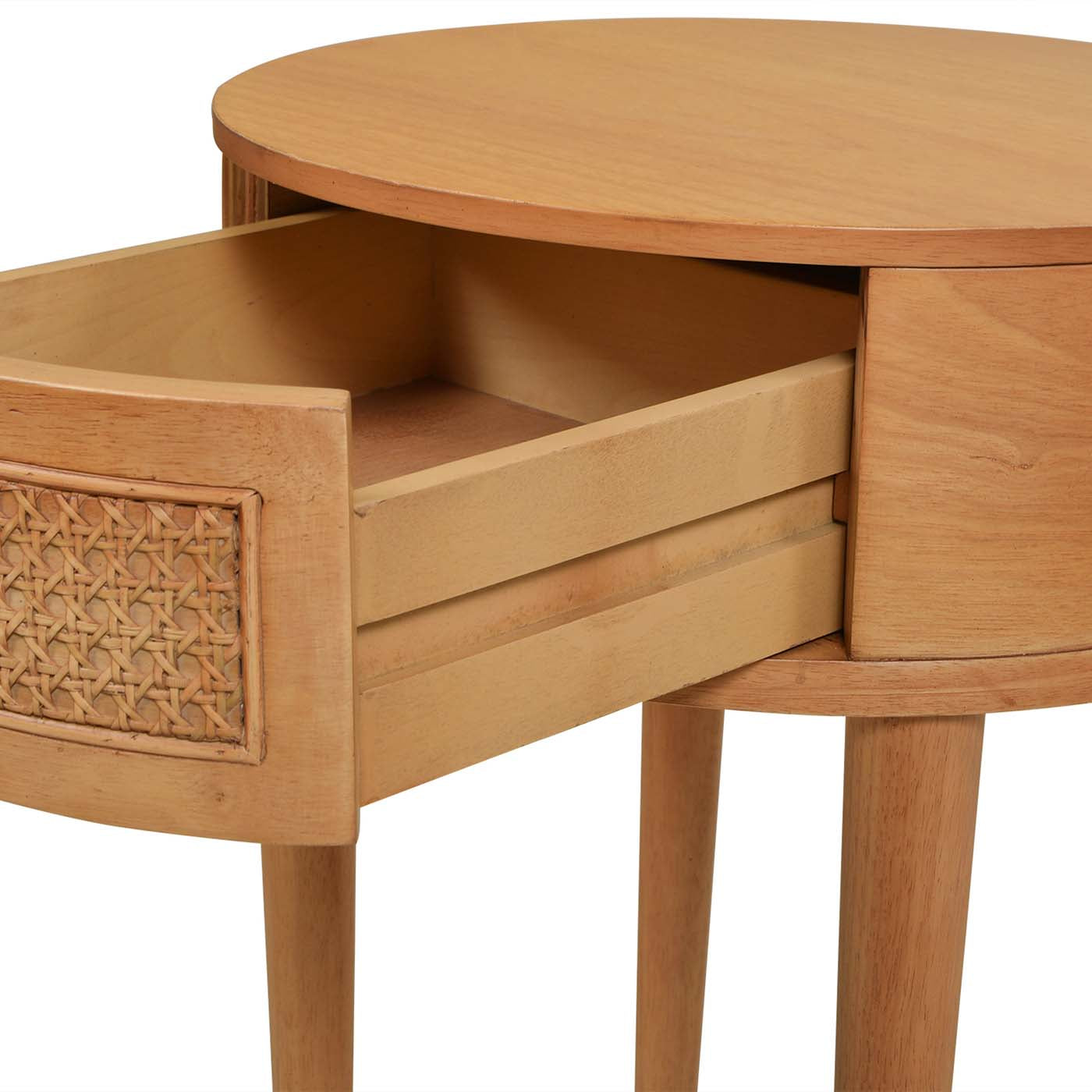 Natural wood accent table with woven cane drawer front and open storage