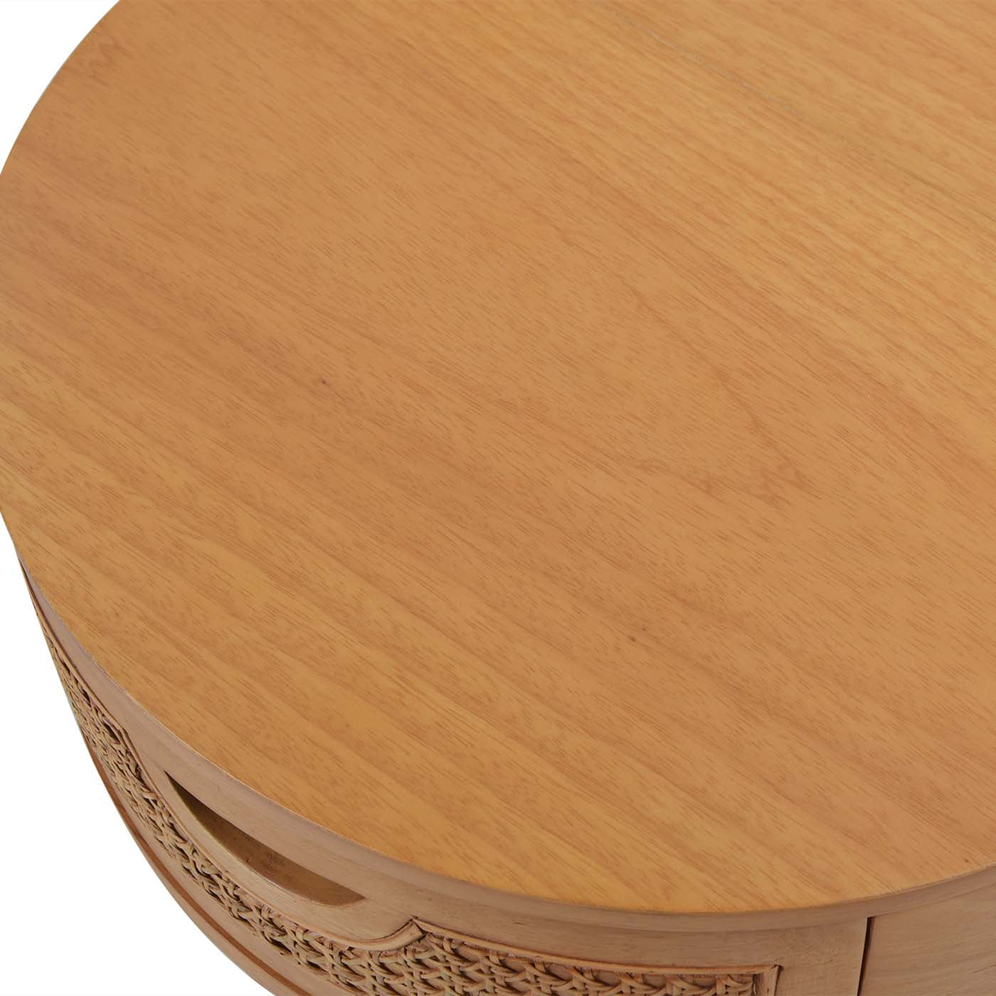 Round light oak coffee table with natural wood grain texture