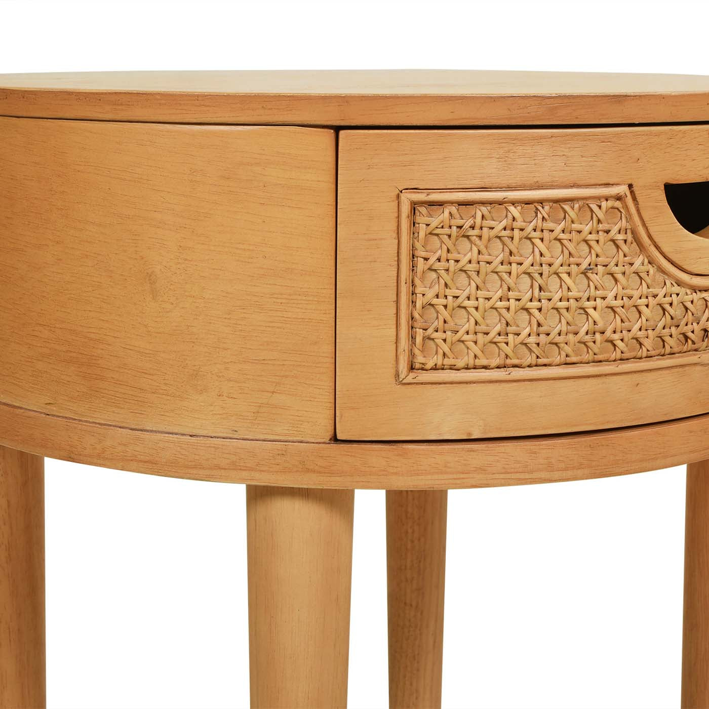 Light oak bedside table with rattan drawer detail and tapered legs