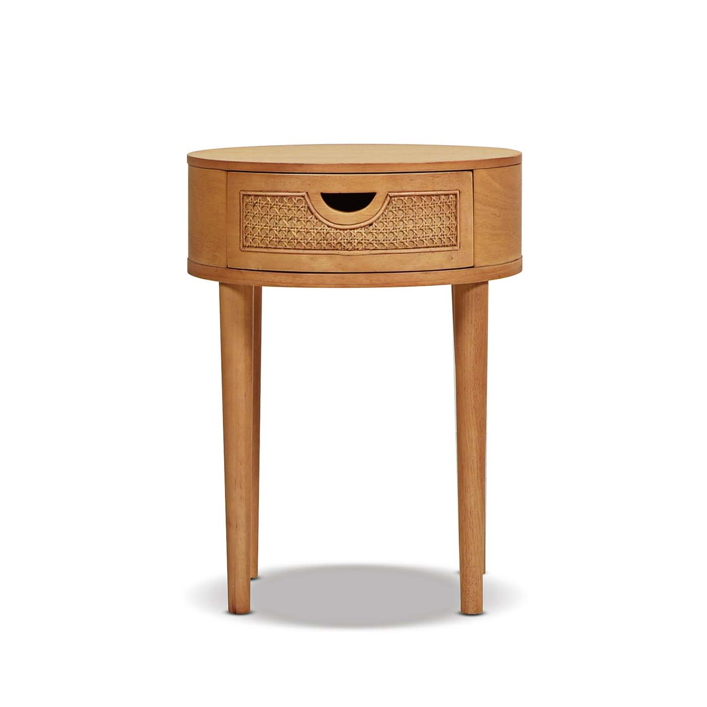 Round oak bedside table with cane drawer front and tapered legs