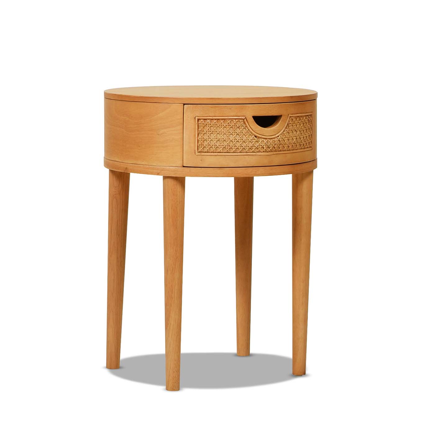 Natural wood round bedside table with cane drawer detail modern minimalist design