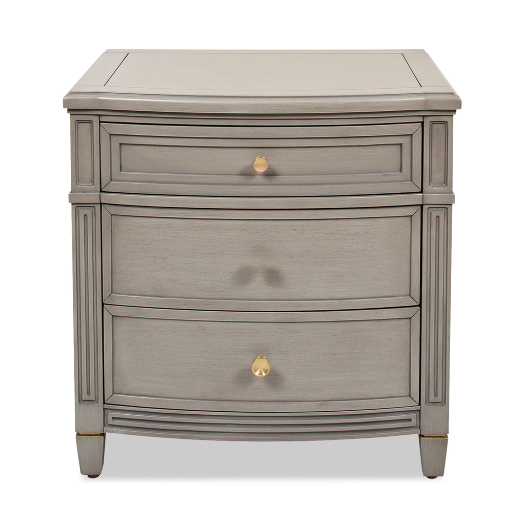 Gray traditional threedrawer nightstand with brass knobs and tapered legs