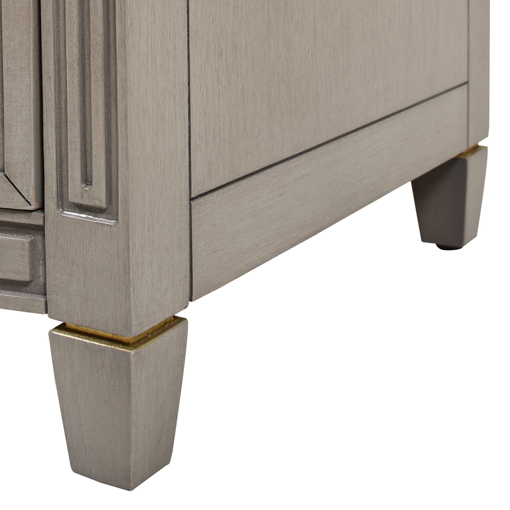 Grey wood cabinet base with decorative Greek key trim and gold accent legs