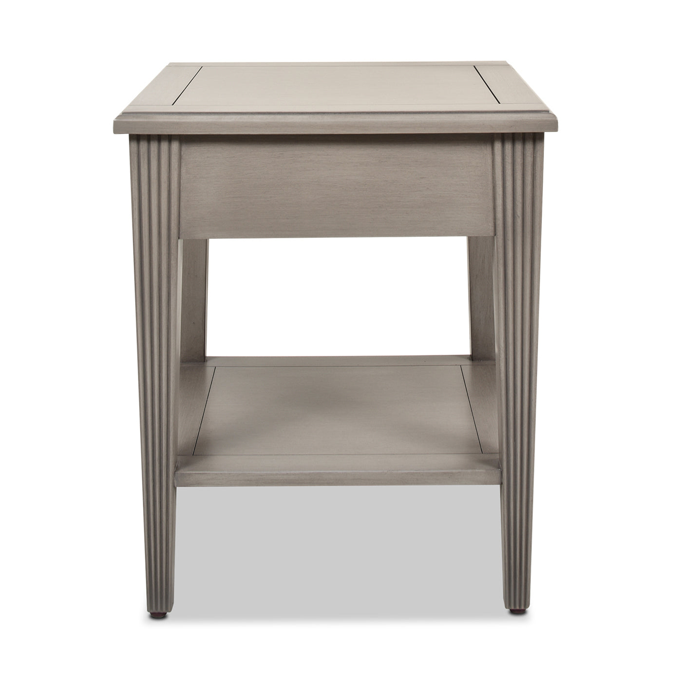 Gray wooden end table with fluted legs and open shelf perfect for living rooms