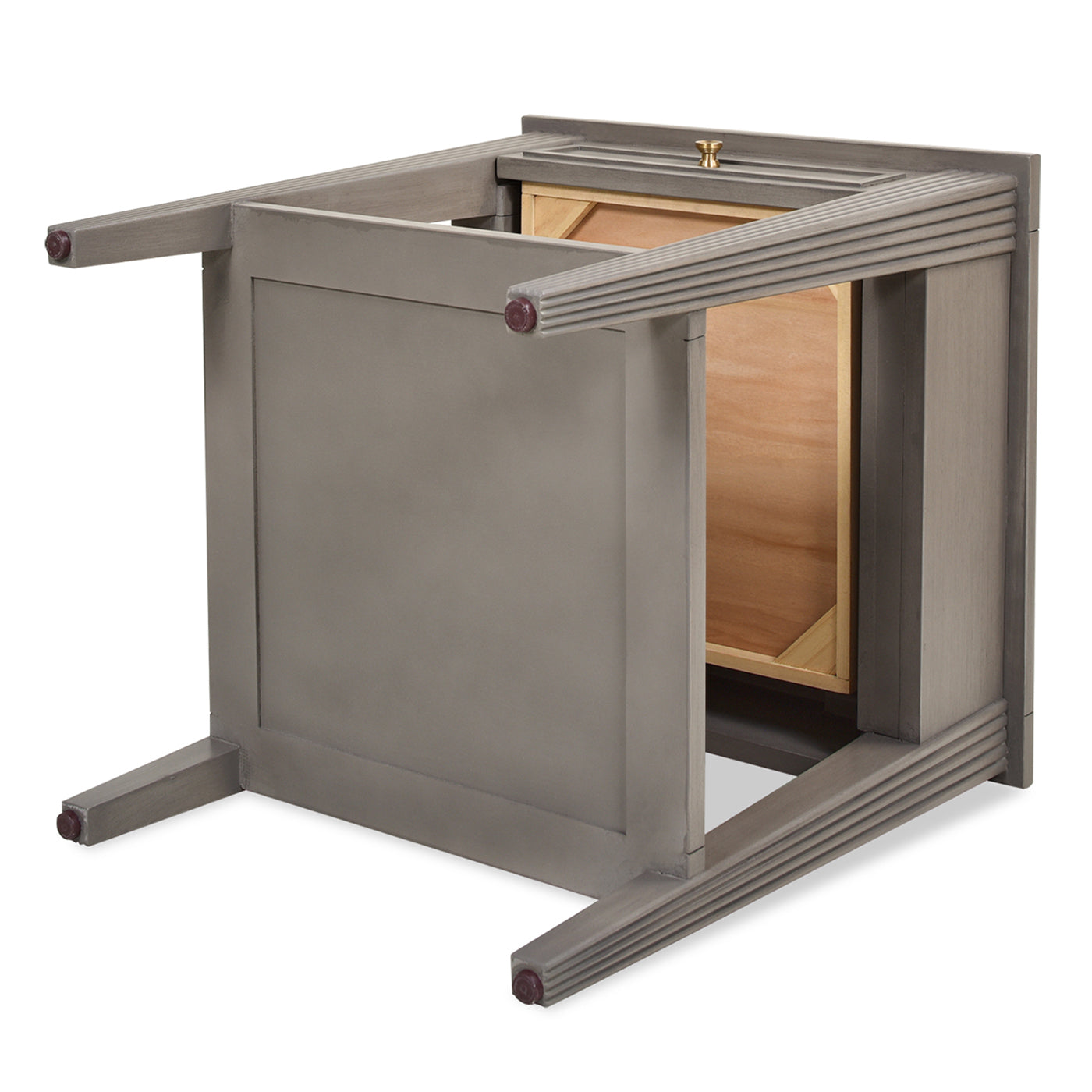 Gray distressed wood side table upside down showing grooved legs and frame