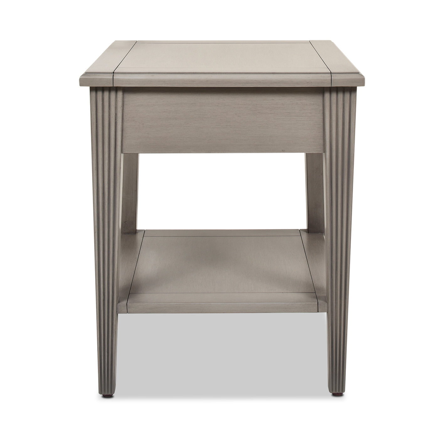 Gray wooden end table with fluted legs and open shelf perfect for living rooms