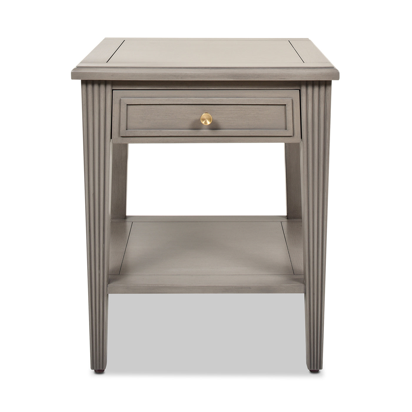 Gray wooden accent table with fluted legs and brass knob drawer