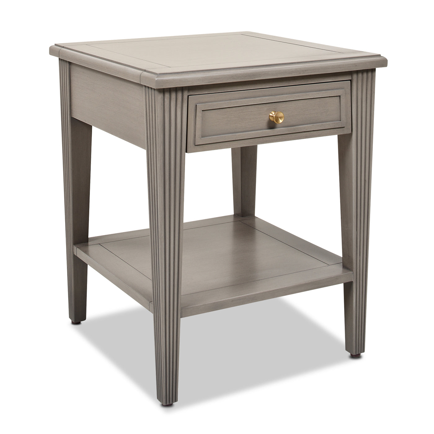 Gray wooden end table with one drawer and brass knob