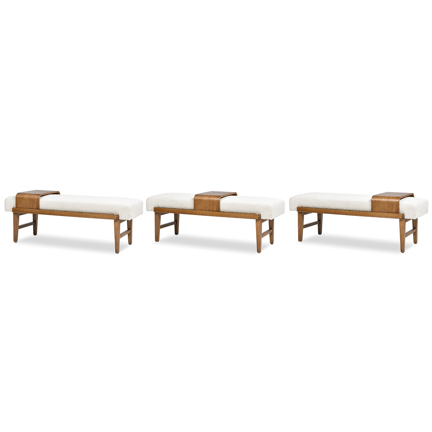 White boucle bench with walnut accent midcentury modern style accent bench