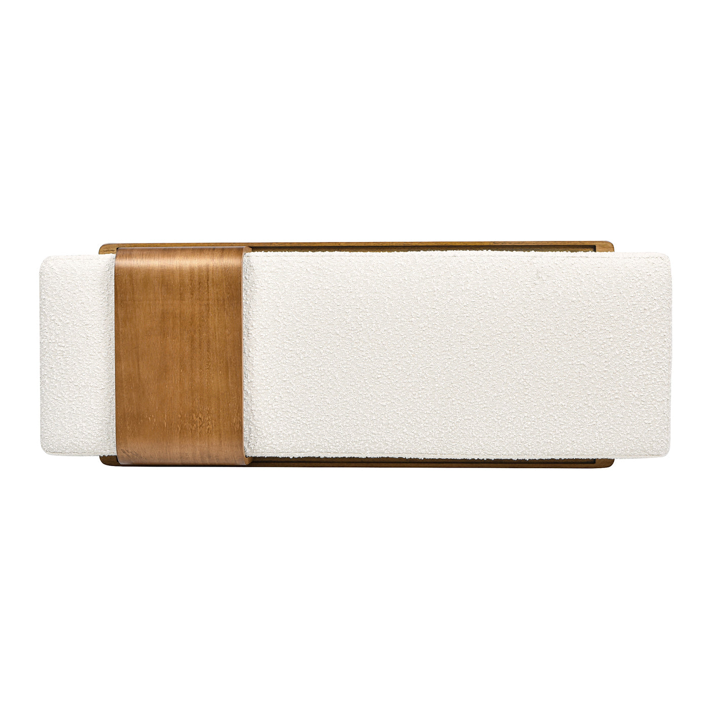 Modern ivory boucle bench with curved wood accent and dark metal frame
