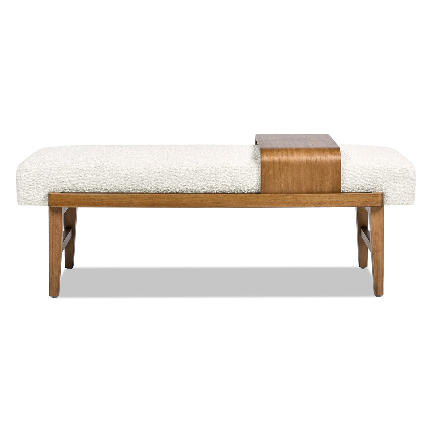 White boucle upholstered bench with wooden frame and integrated tray
