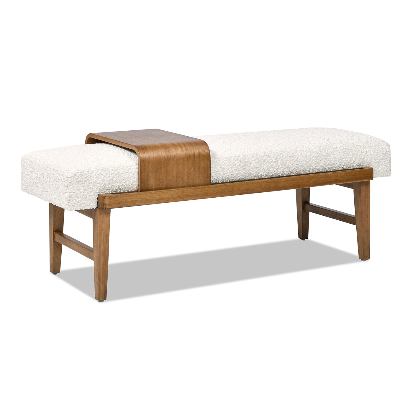Modern boucle upholstered bench with curved wood accent tray