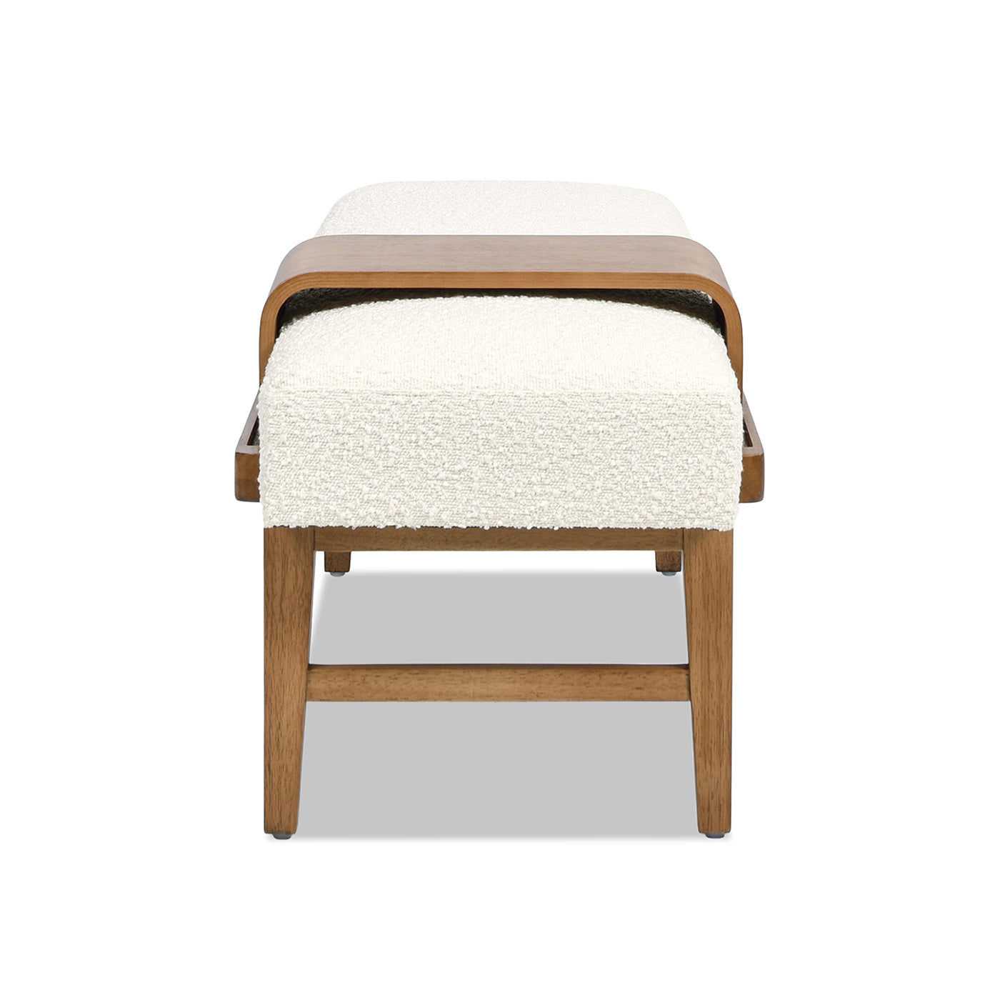 Modern boucle ottoman with curved wooden accent and light wood legs