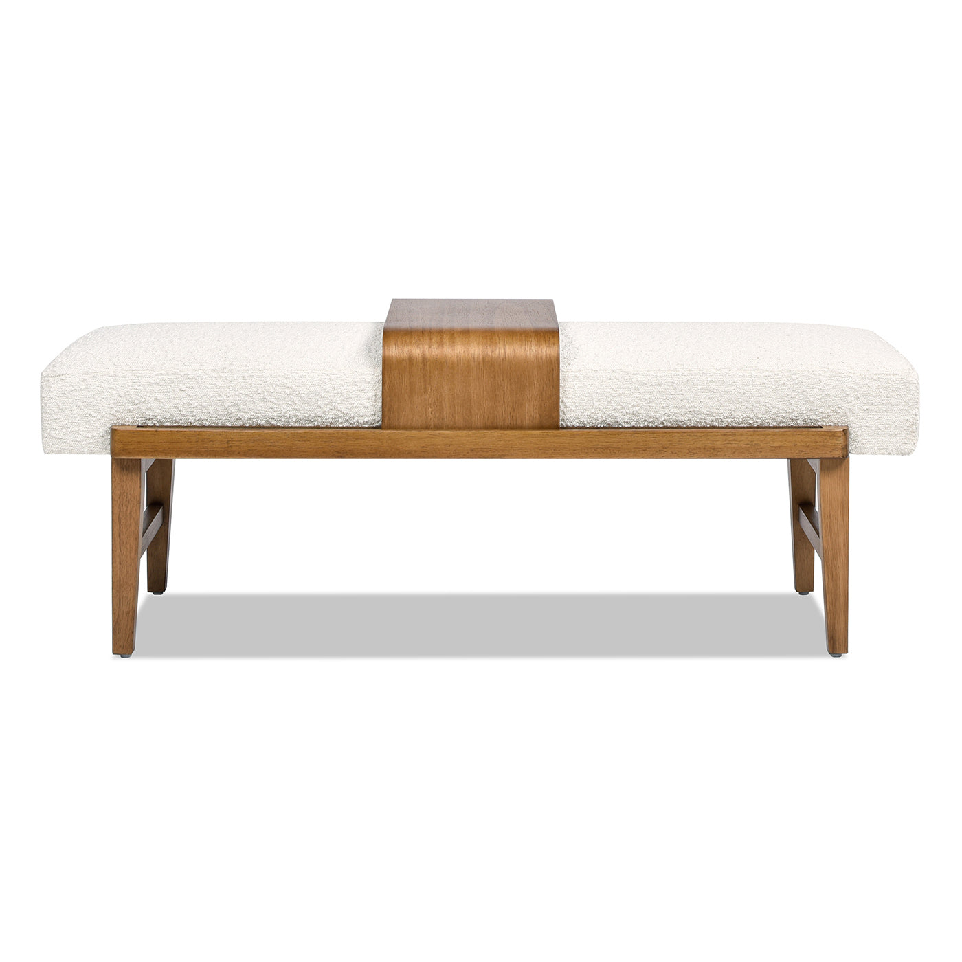 White boucl upholstered bench with curved wood accent and oak frame