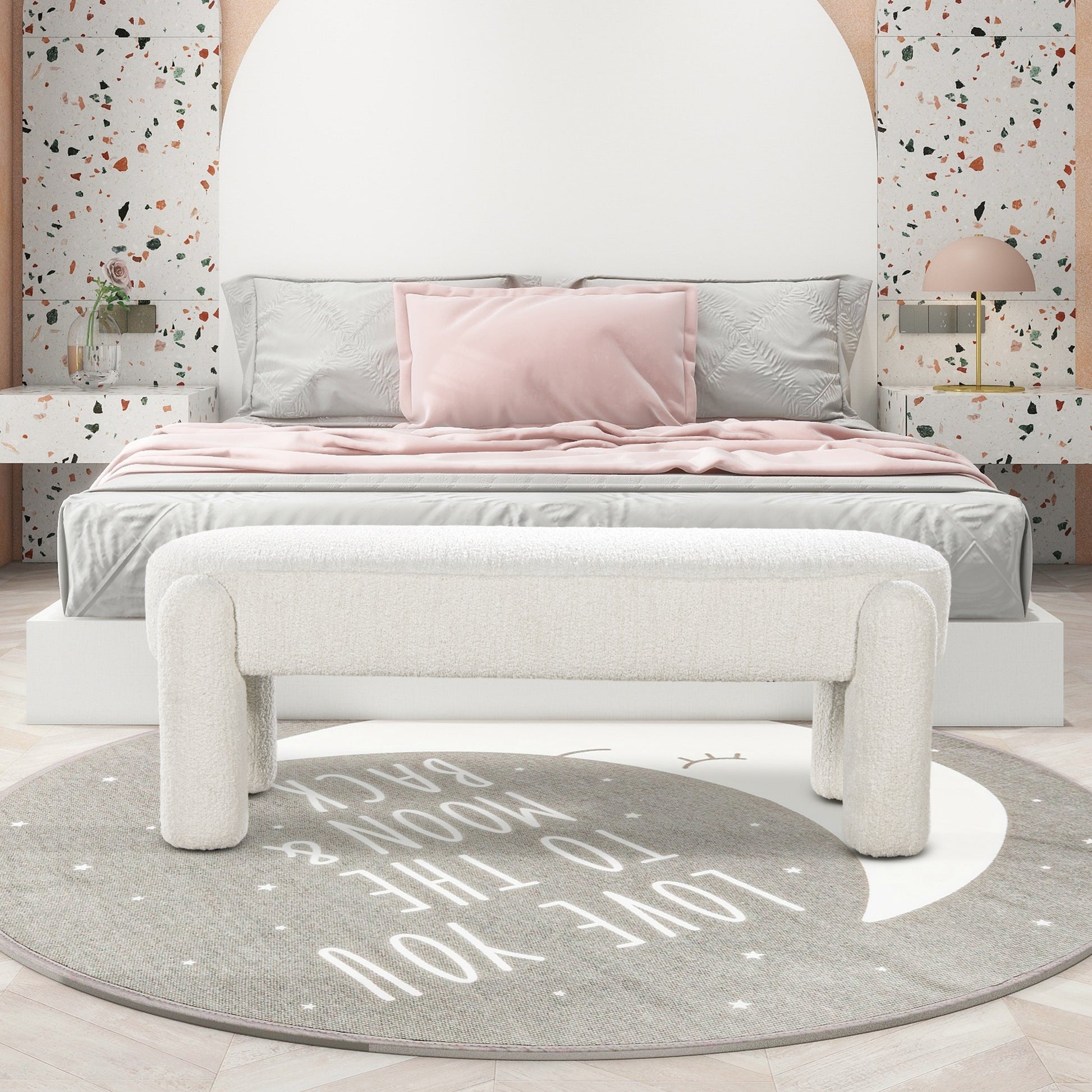 Plush white boucle fabric bench with rounded legs for modern bedroom seating