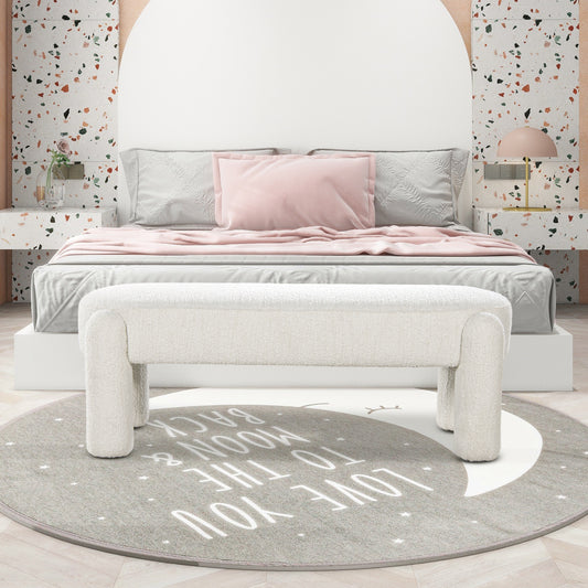 Plush white boucle fabric bench with rounded legs for modern bedroom seating