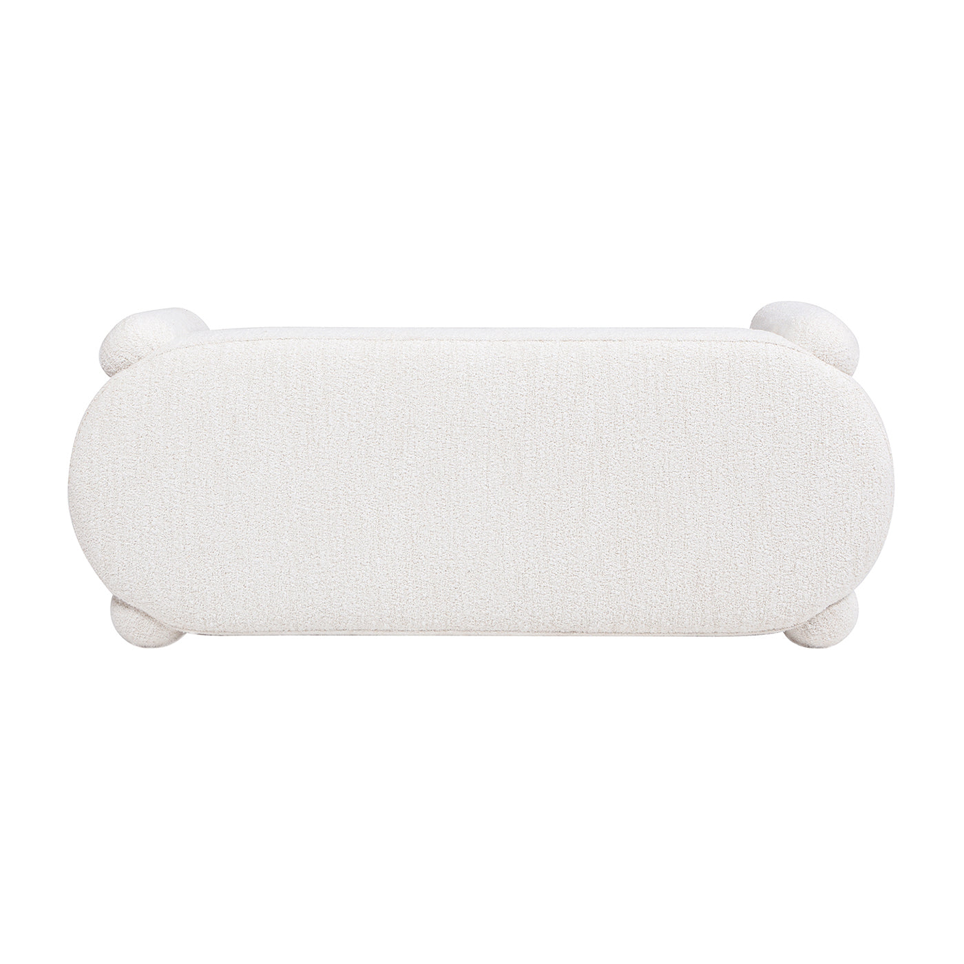 Textured white boucl bench with rounded ends and four spherical legs