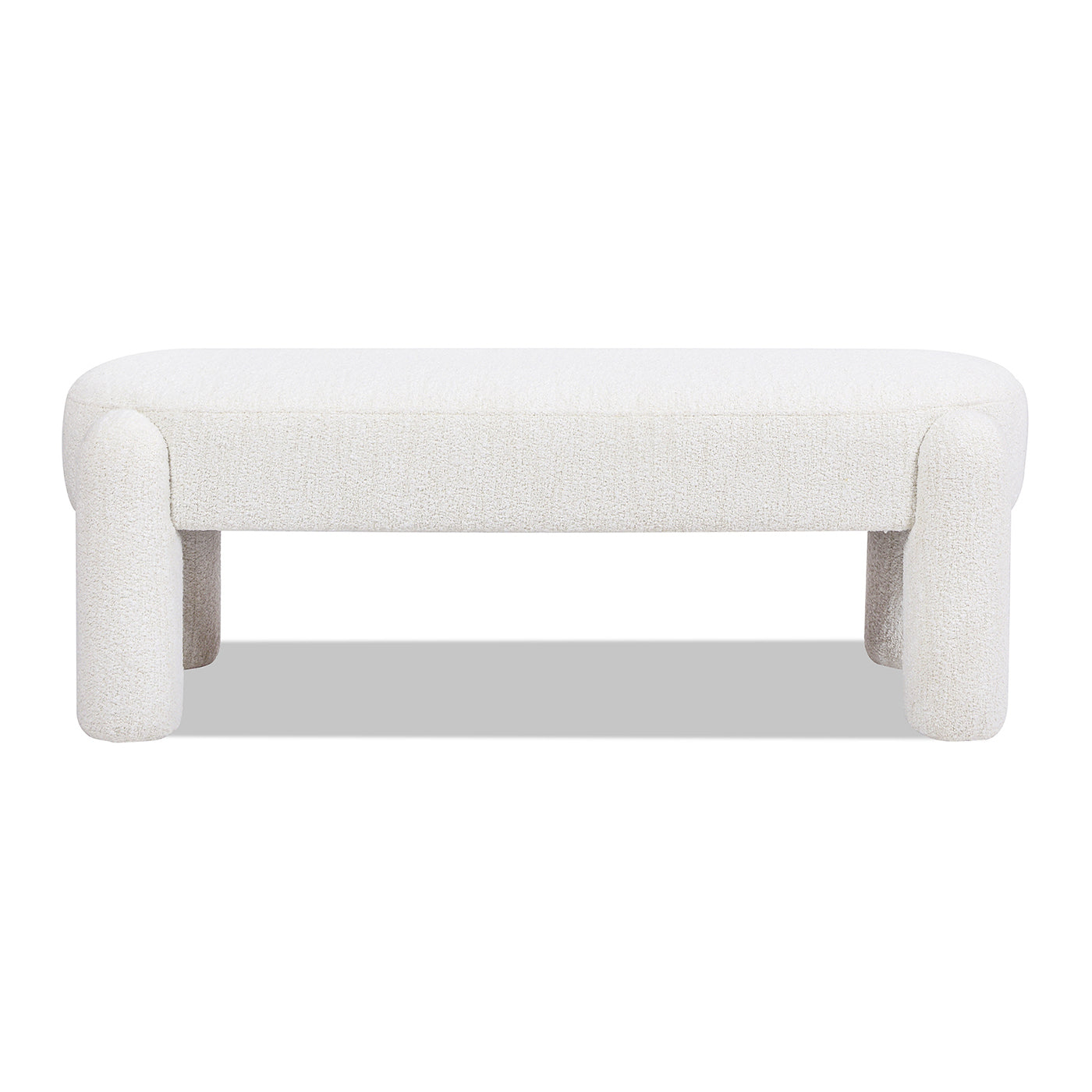 Textured white boucl bench with curved legs and a plush seat perfect for modern living rooms