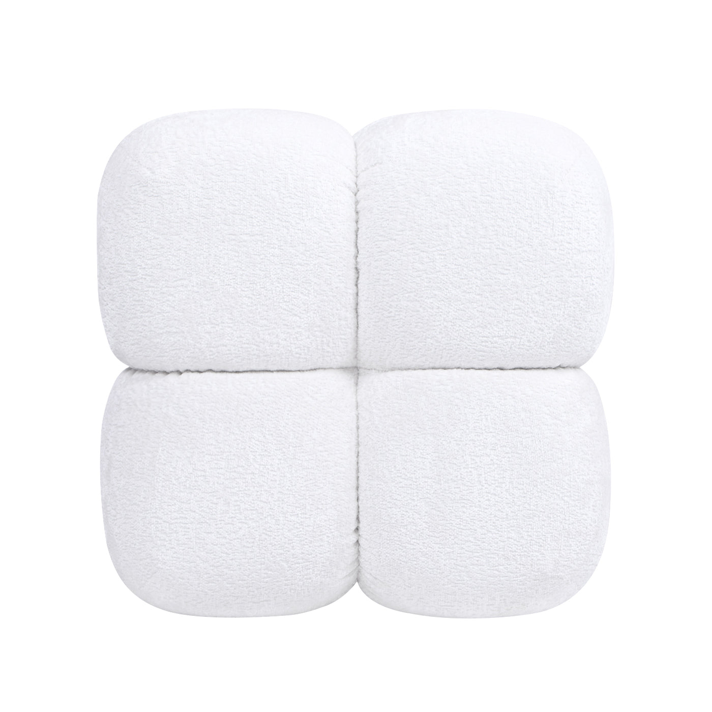 White plush pouf with four segmented sections soft chenille texture