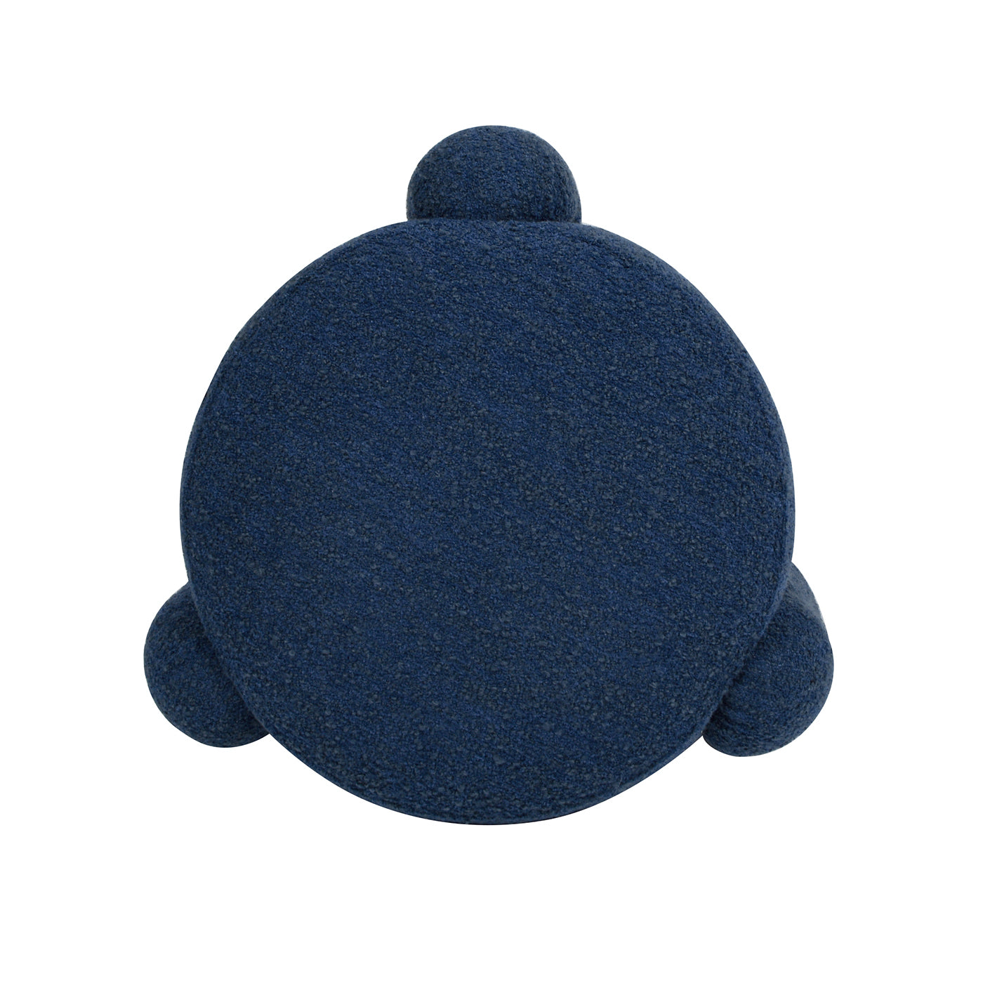 Navy blue textured ottoman with rounded legs and a spherical accent on top