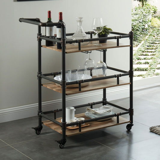 Industrial style bar cart with wood shelves and dark metal pipes