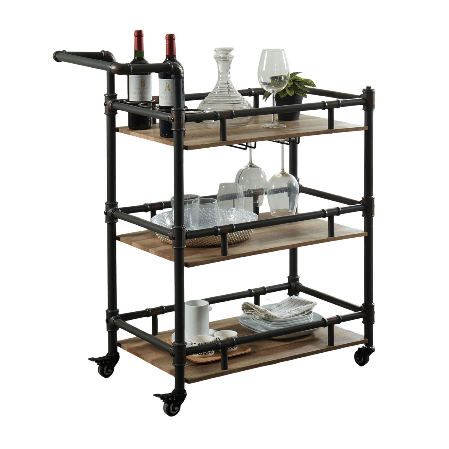 Industrial style bar cart with three wood shelves and dark metal pipe frame