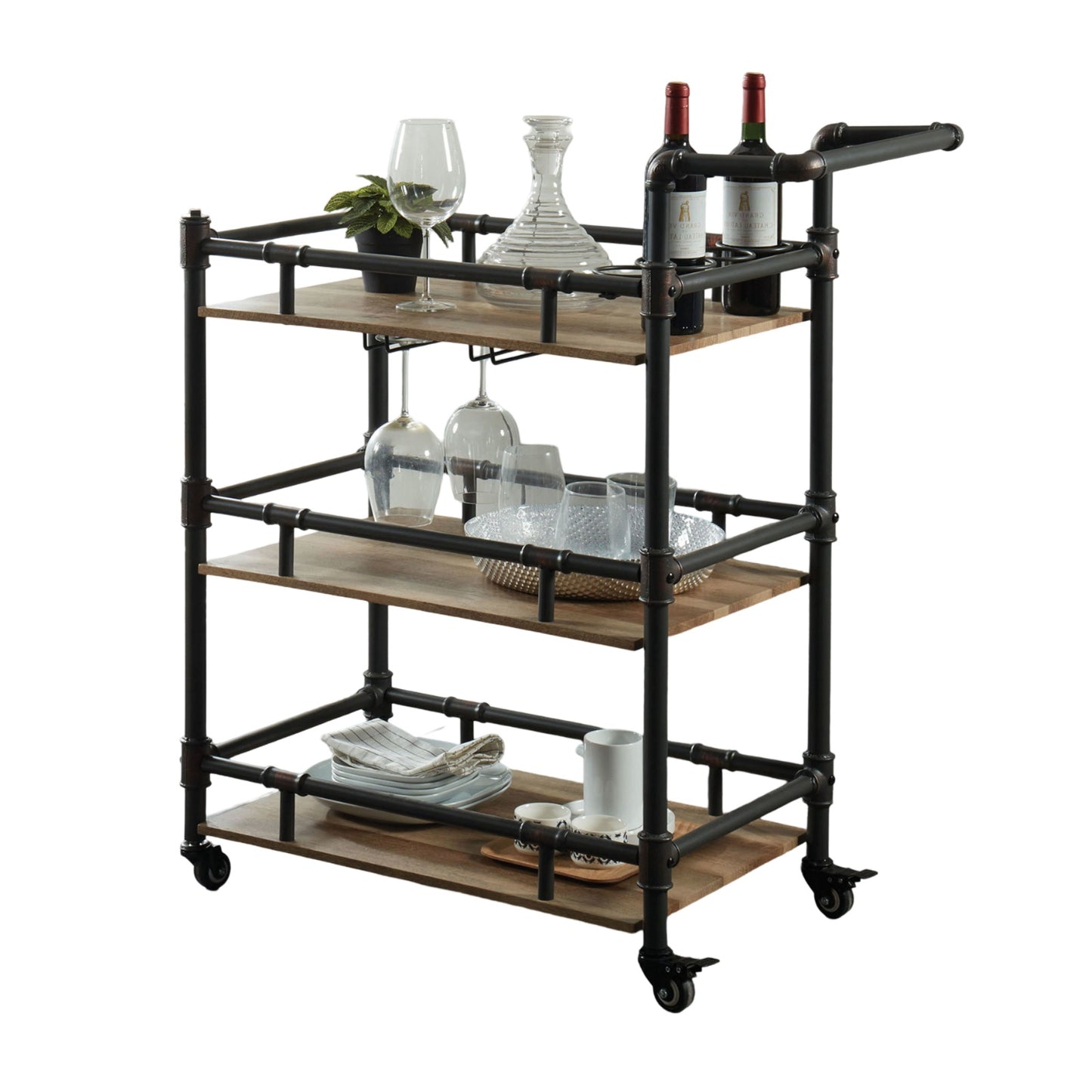 Industrial bar cart with wooden shelves and black metal pipes