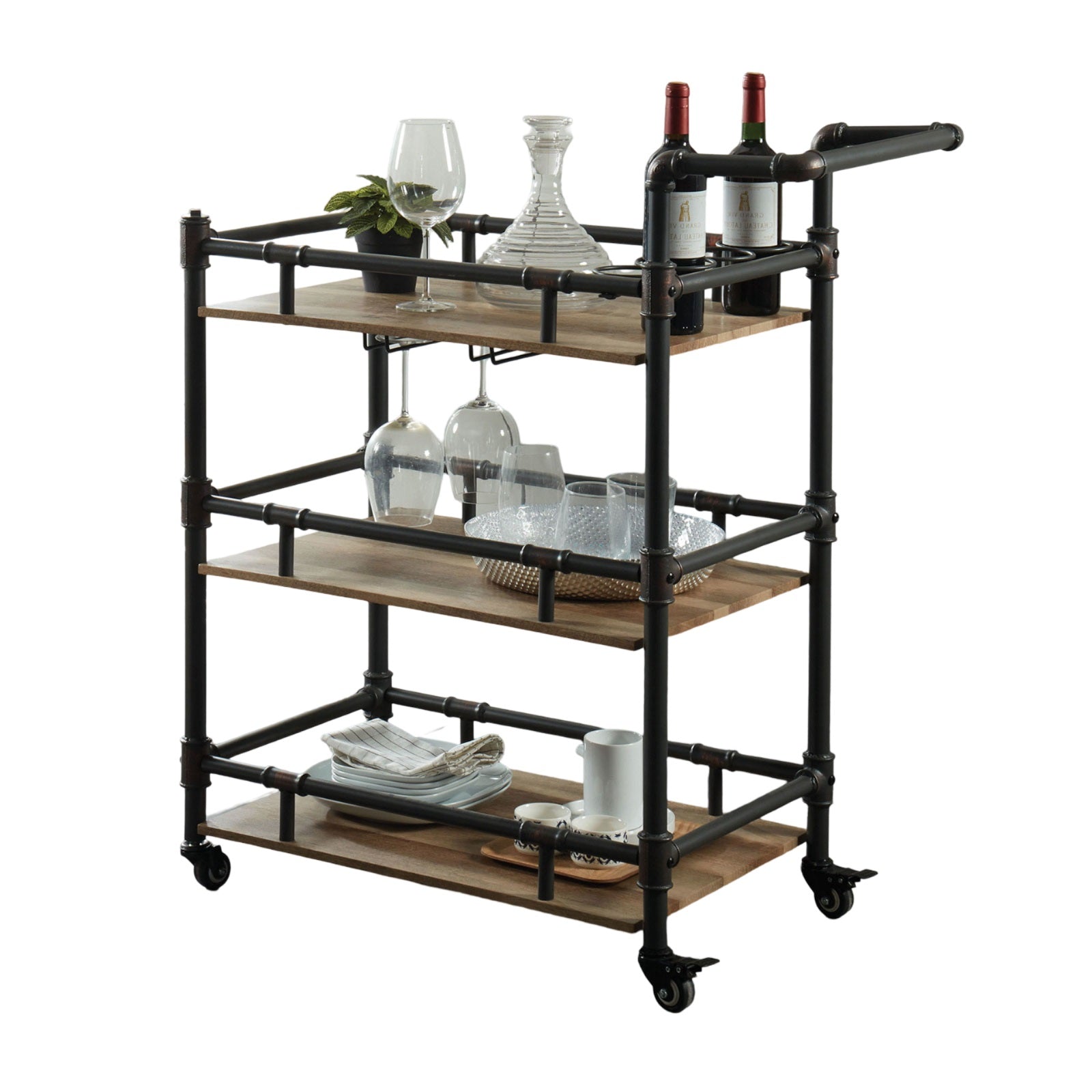 Industrial bar cart with wooden shelves and black metal pipes