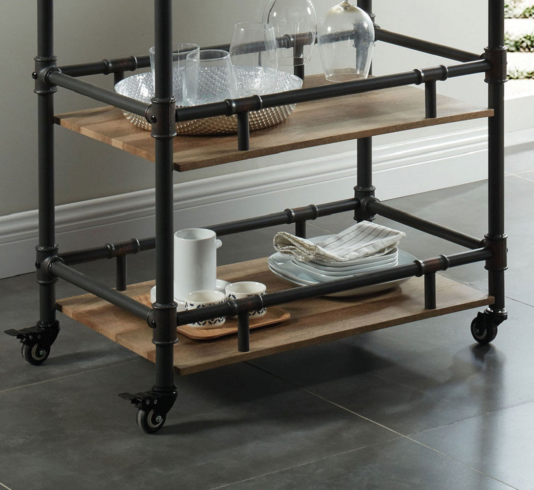 Industrial style metal bar cart with two wooden shelves and wheels