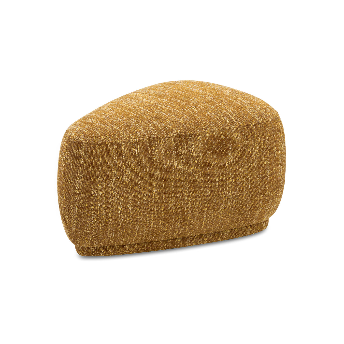 Rounded mustard yellow textured fabric ottoman with a low profile base