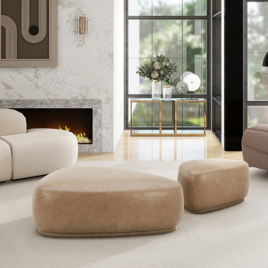 Tan leather geometric ottoman perfect for modern living rooms and extra seating