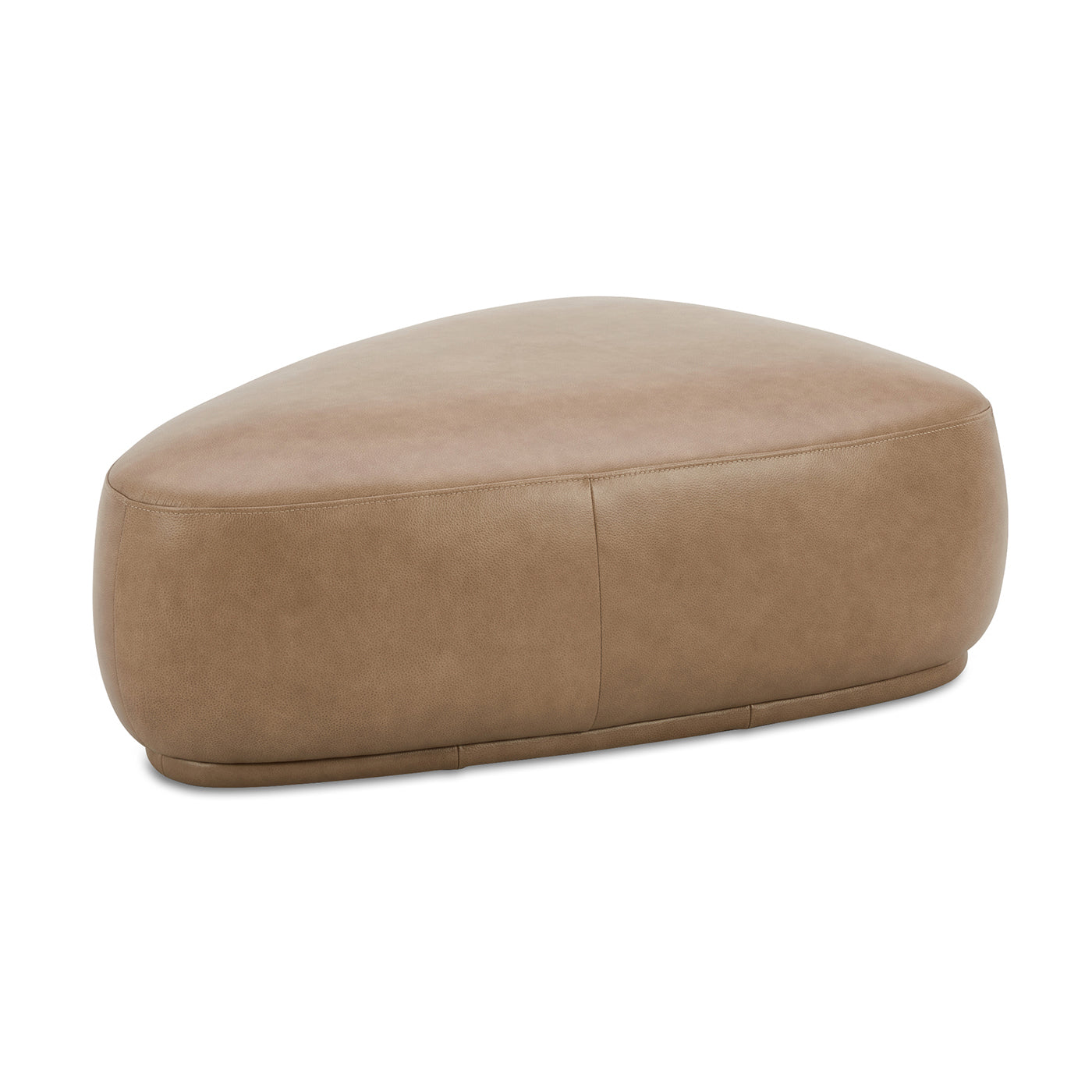 Brown leather kidneyshaped ottoman with seamless stitching and a padded top for comfort