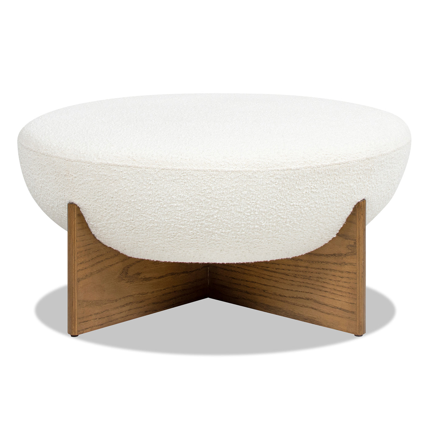 Round ivory boucl ottoman with a natural oak wood base modern accent furniture