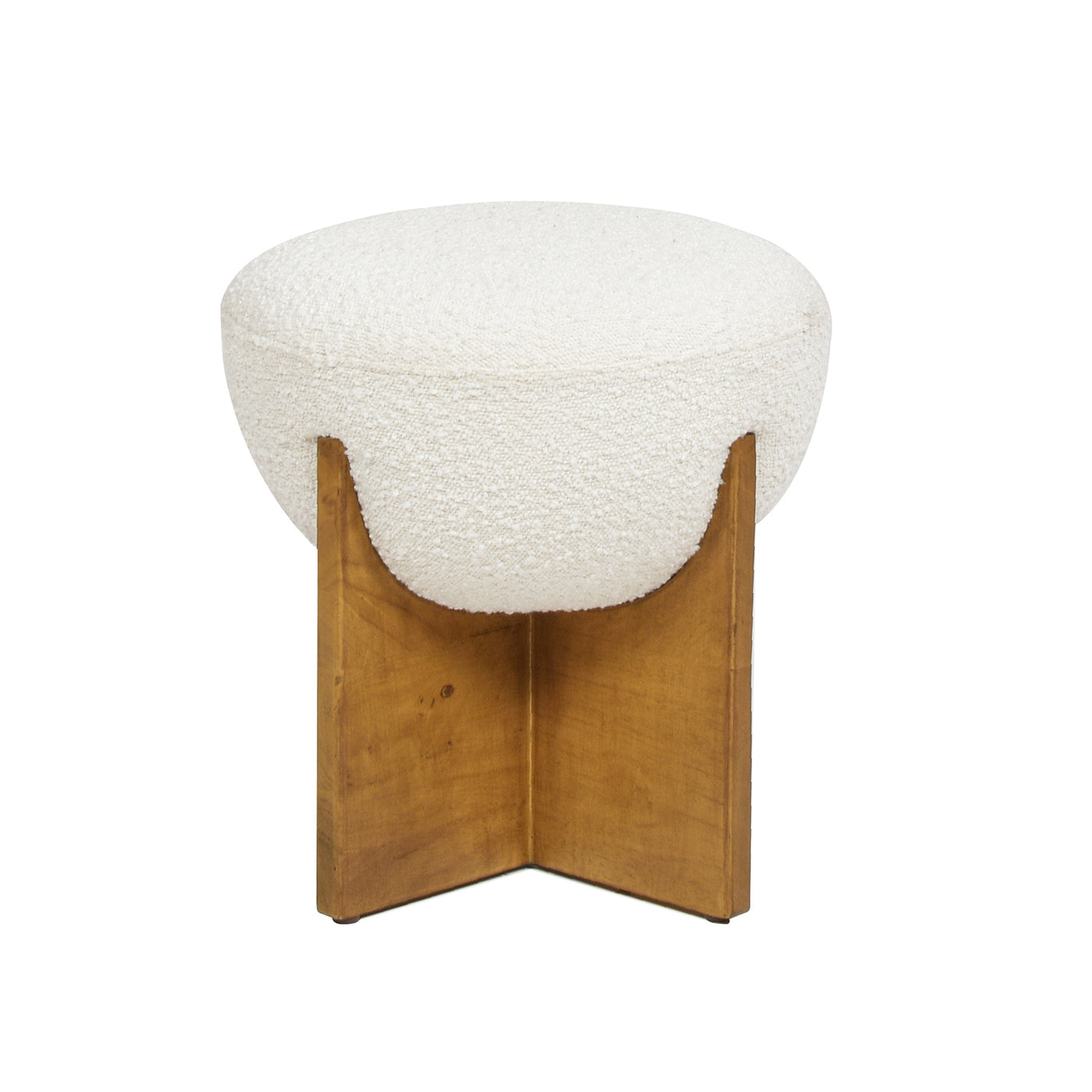 White boucle ottoman with unique gold wood legs for living room seating