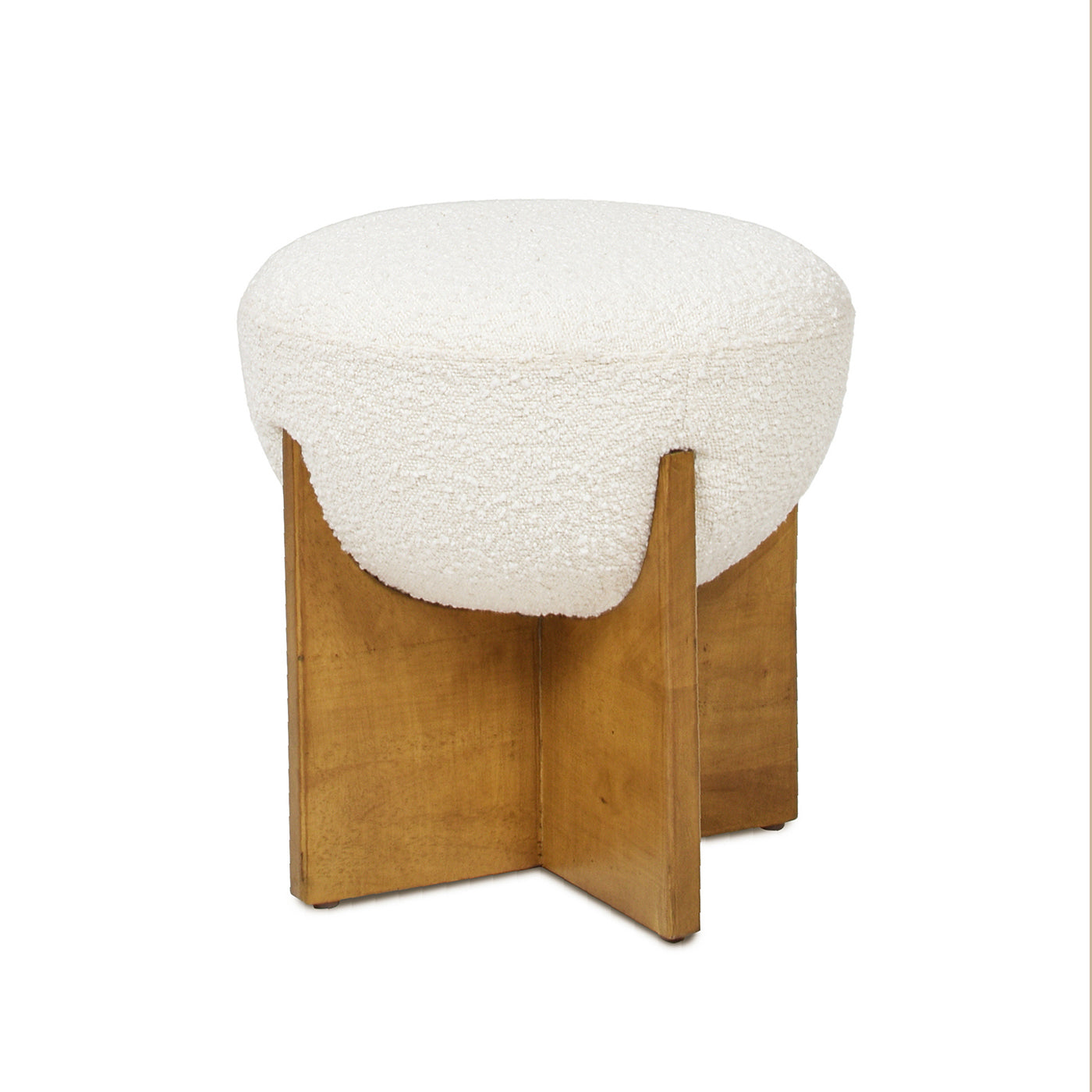 Boucle fabric stool with a textured white seat and a geometric wooden base