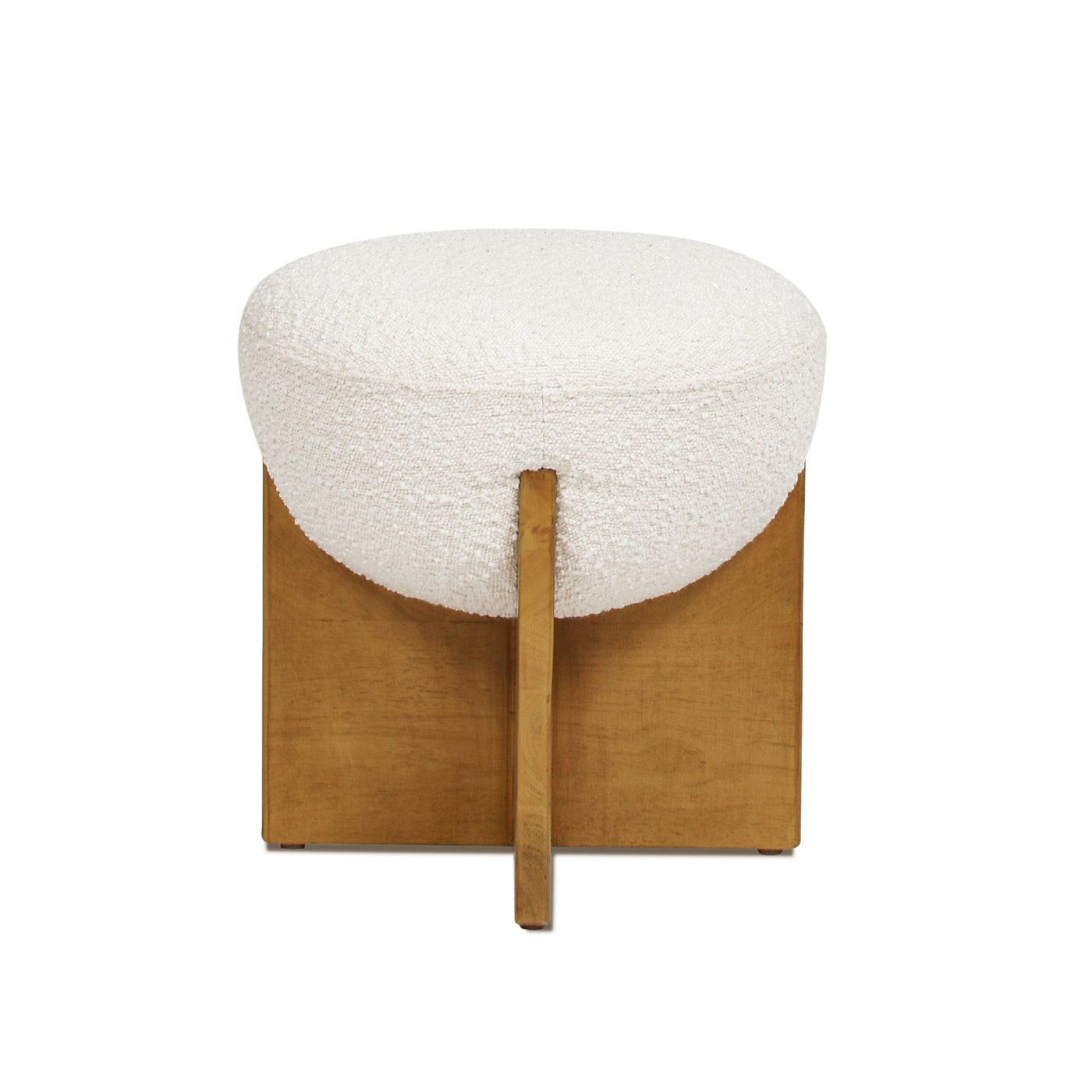 White boucle round ottoman with natural wood base and accent leg