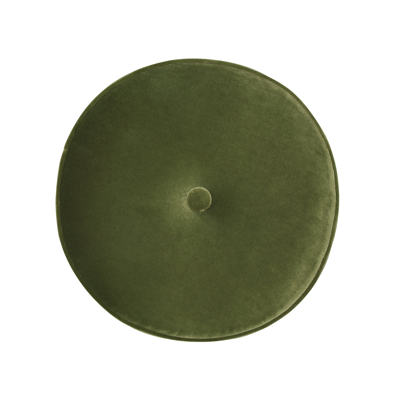 Round olive green velvet ottoman with tufted center detail