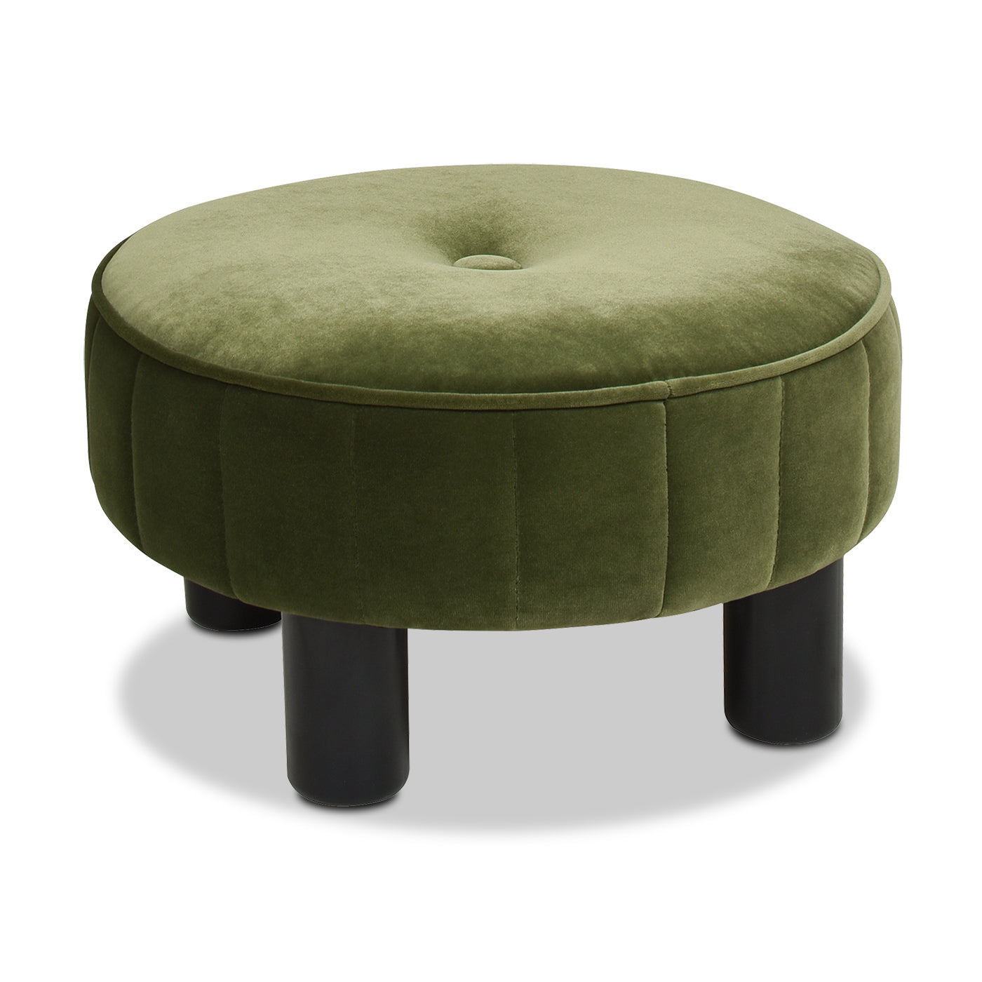 Olive green velvet round ottoman with tufted top and fluted sides