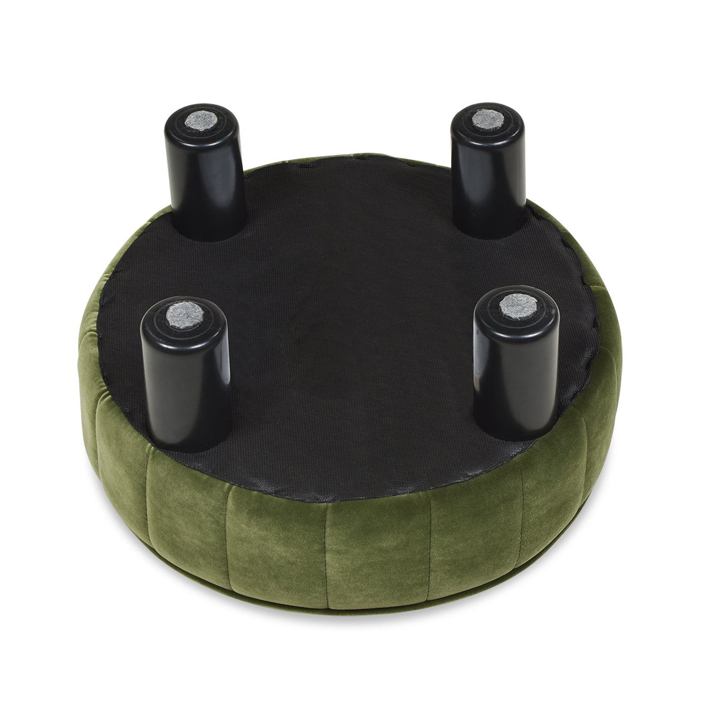Green velvet tufted ottoman bottom view with black legs and felt pads