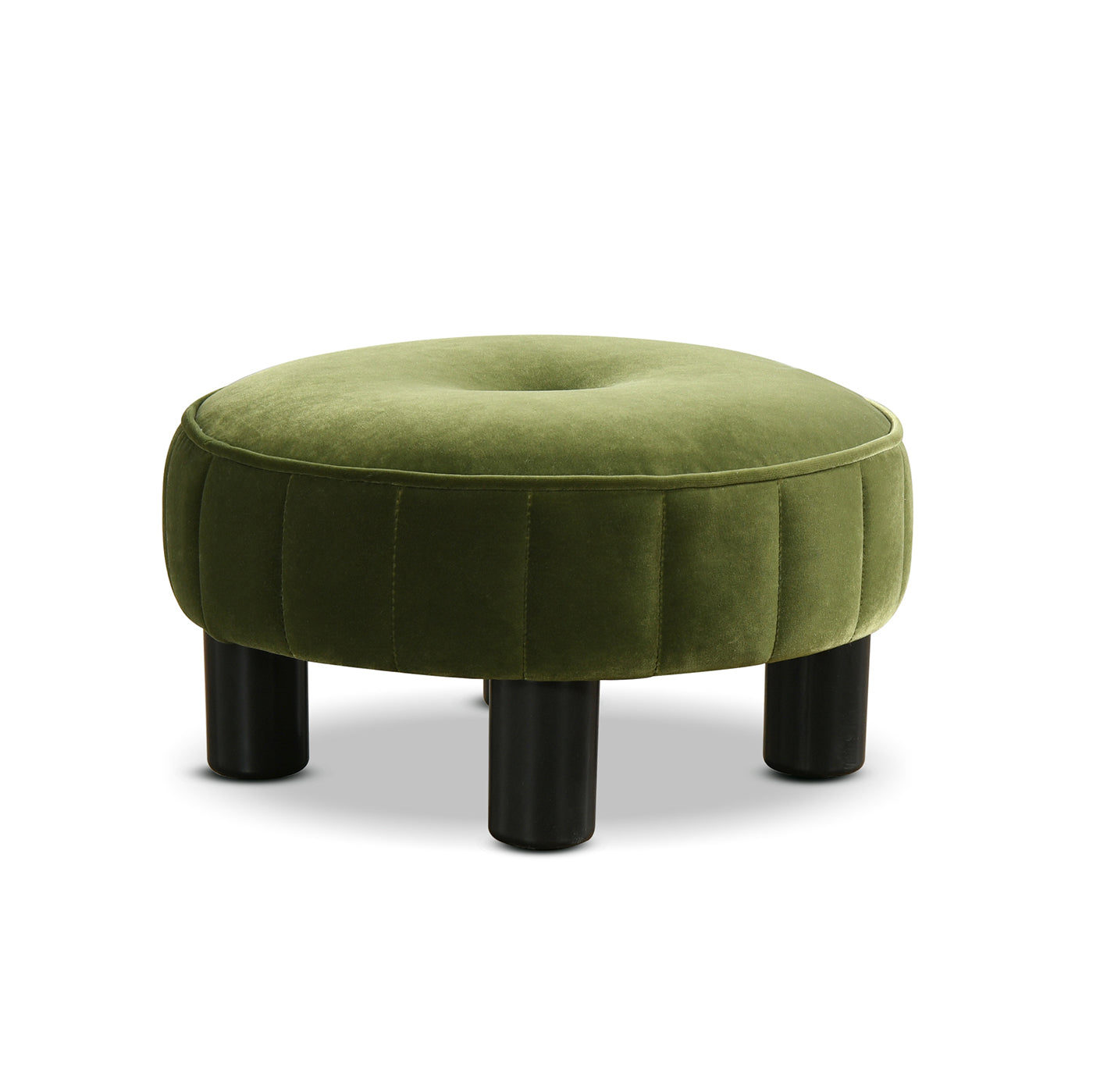Green velvet round ottoman with tufted top and dark wood legs