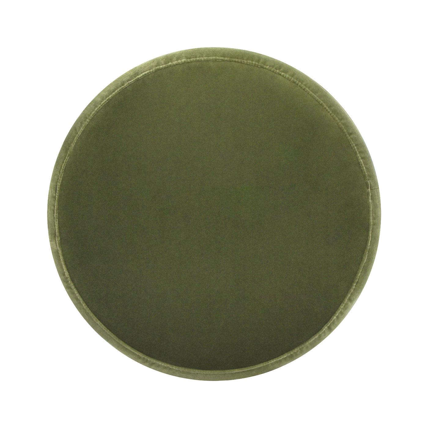 Round olive green velvet seat cushion with a stitched border for comfortable seating
