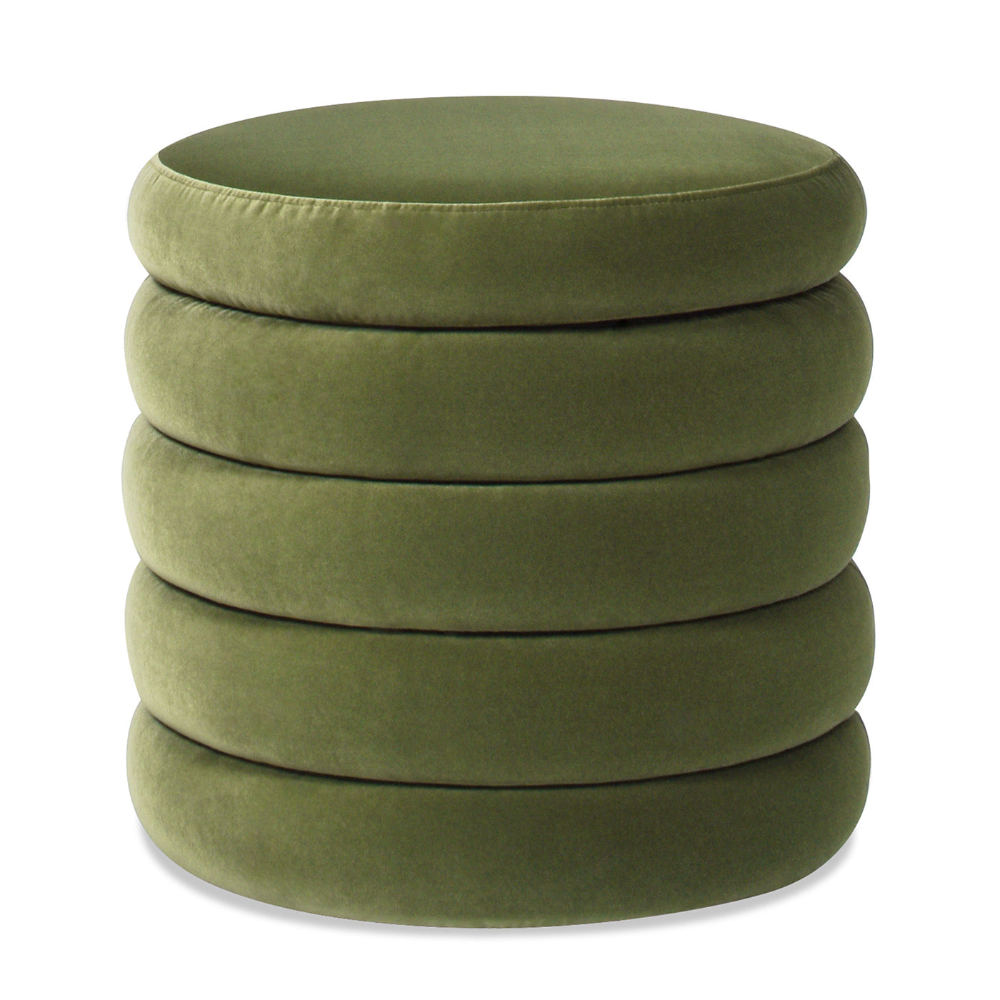 Stacked olive green velvet ottoman with plush rounded sections for modern living room accent