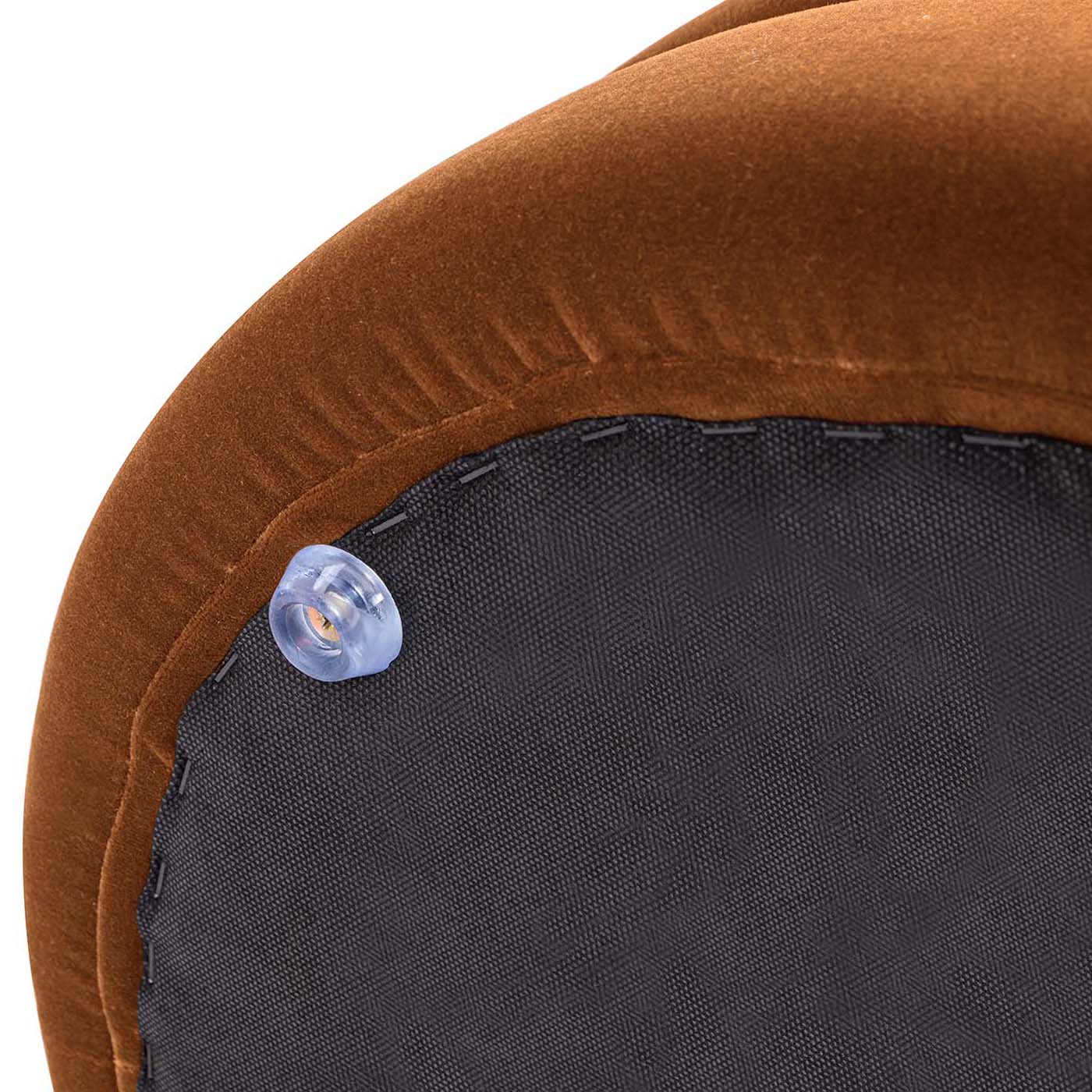 Brown velvet chair upholstery detail with protective floor glides