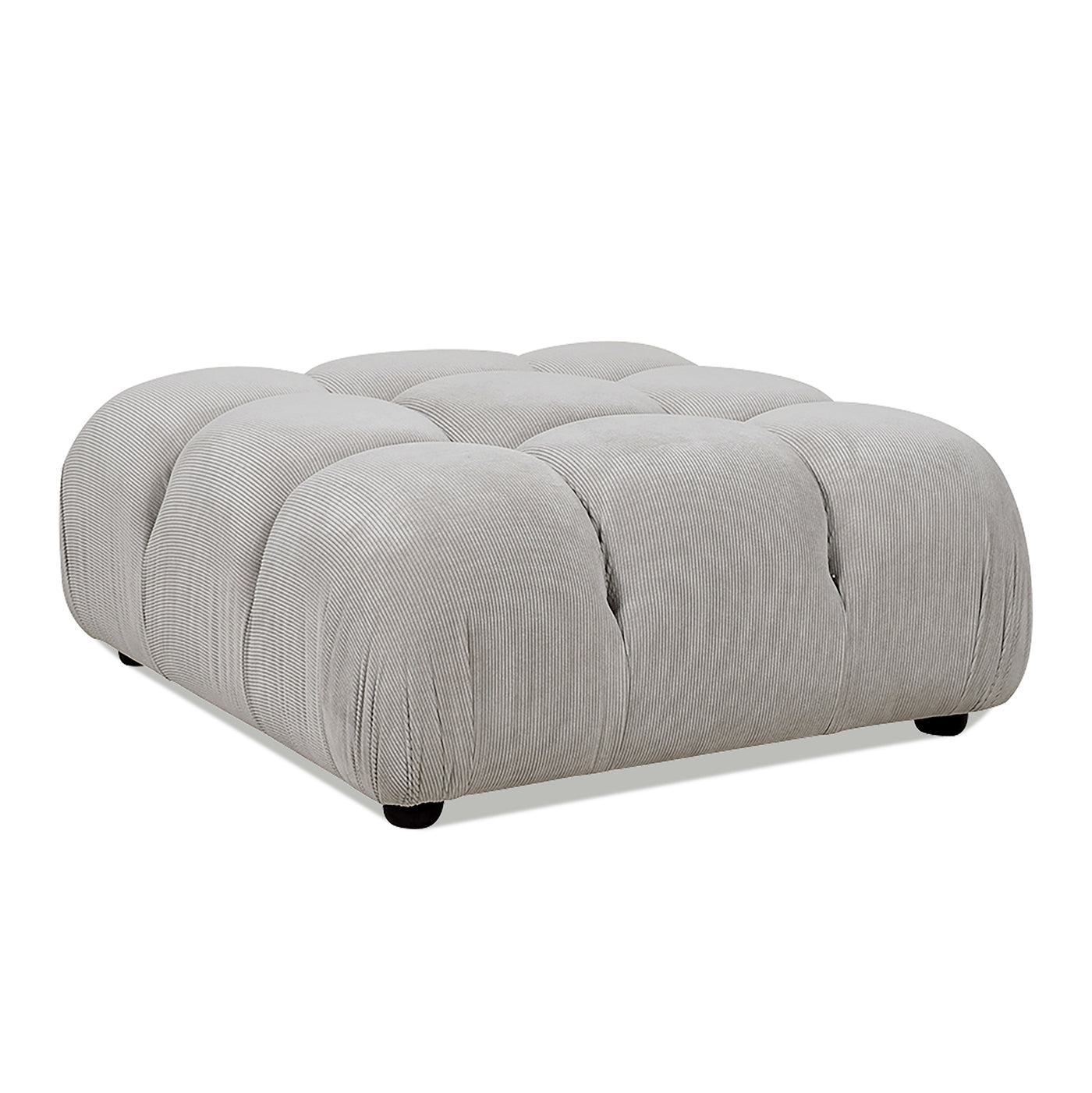 Plush grey fabric ottoman with tufted segmented design and black feet