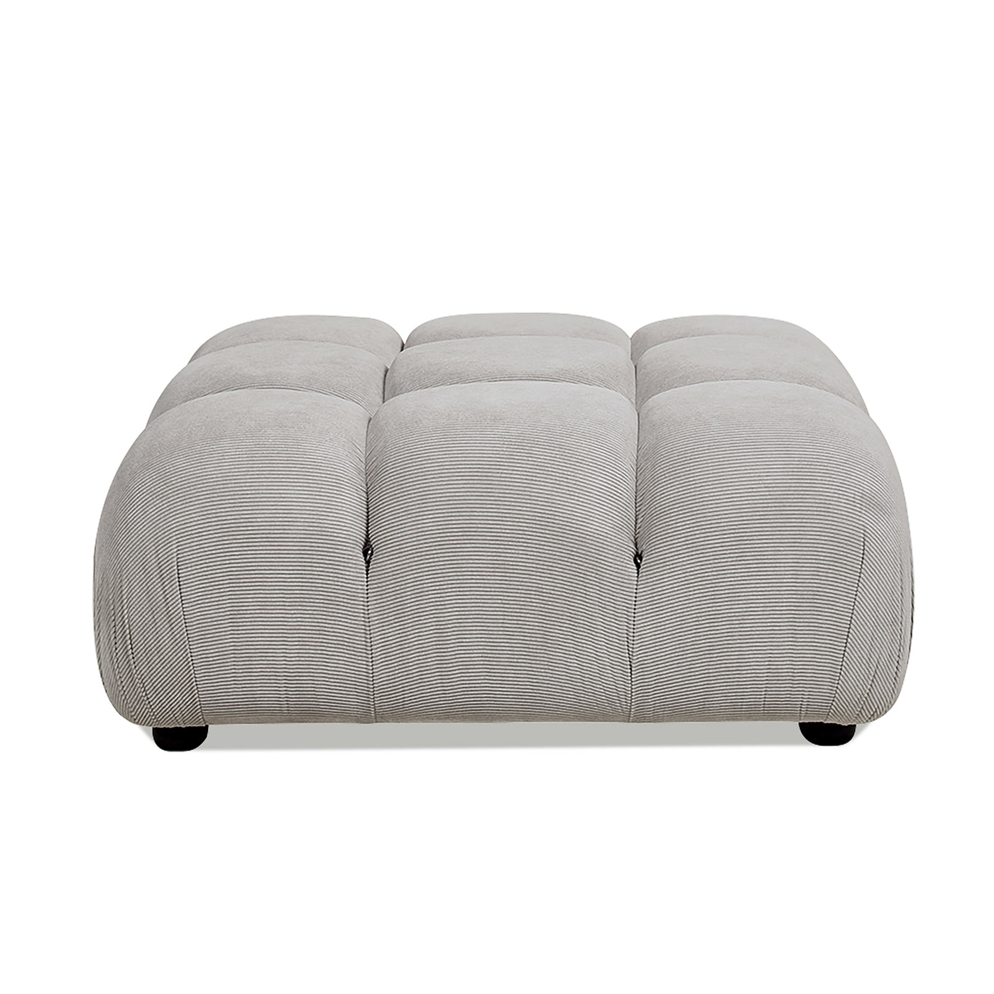 Plaid upholstered ottoman with tufted cushions and black feet for living room comfort