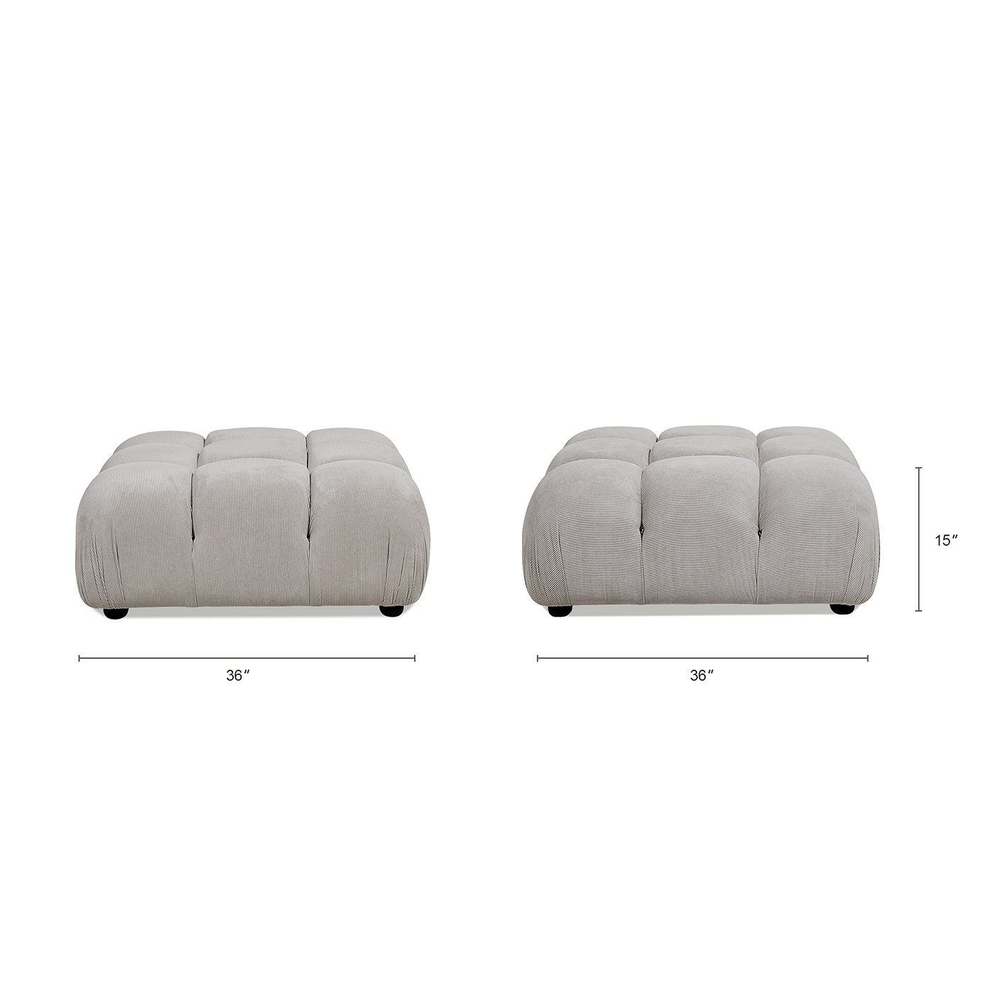 Tufted grey corduroy ottoman with rounded edges  inches wide